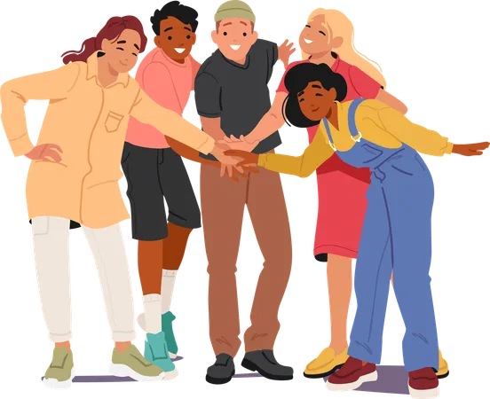 Group of happy friends stacking hands together showcasing unity and friendship  Illustration