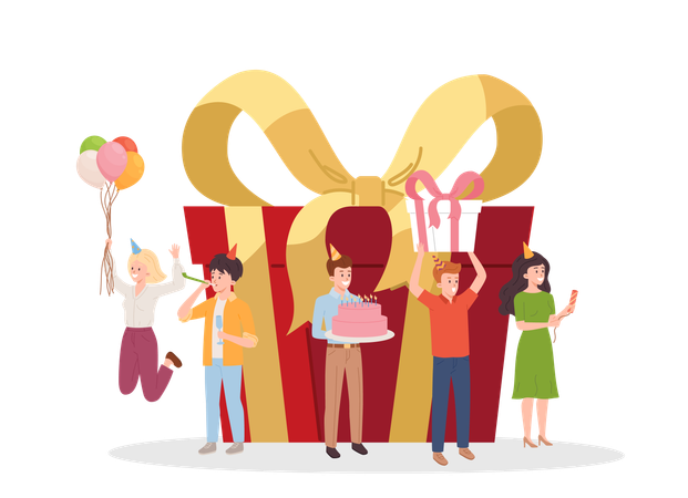 Group of happy people congratulating with birthday  Illustration