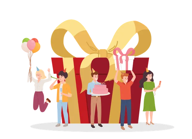 Group of happy people congratulating with birthday  Illustration