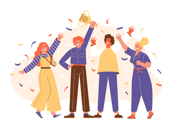 Group of happy people won golden trophy  Illustration