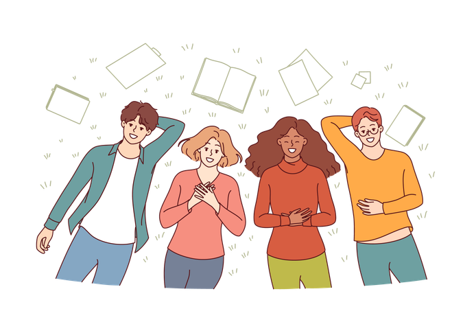 Group of happy students lie on grass in park and smile enjoying sunny summer day  Illustration