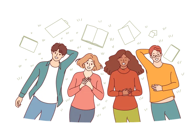 Group of happy students lie on grass in park and smile enjoying sunny summer day  Illustration