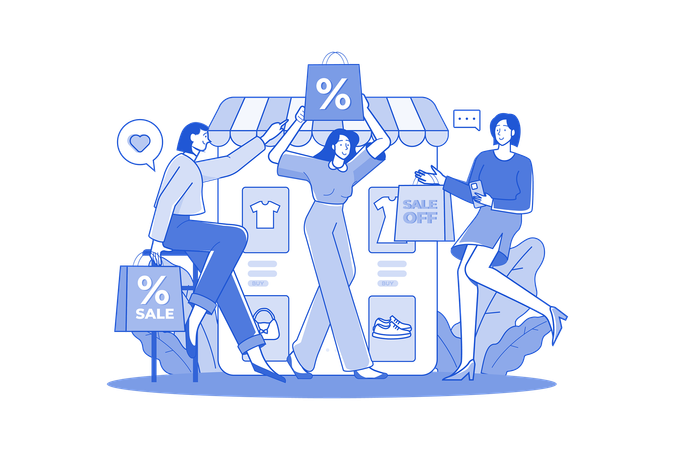 Group Of Happy Women With Discount Bags In Hand  Illustration