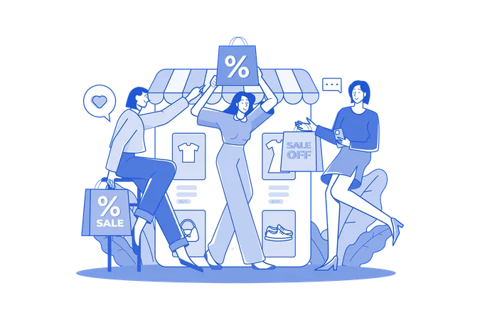 Group Of Happy Women With Discount Bags In Hand Illustration