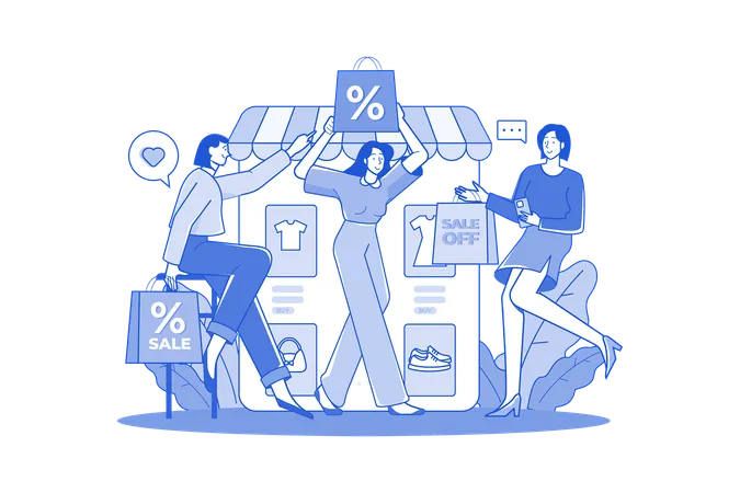 Group Of Happy Women With Discount Bags In Hand  Illustration