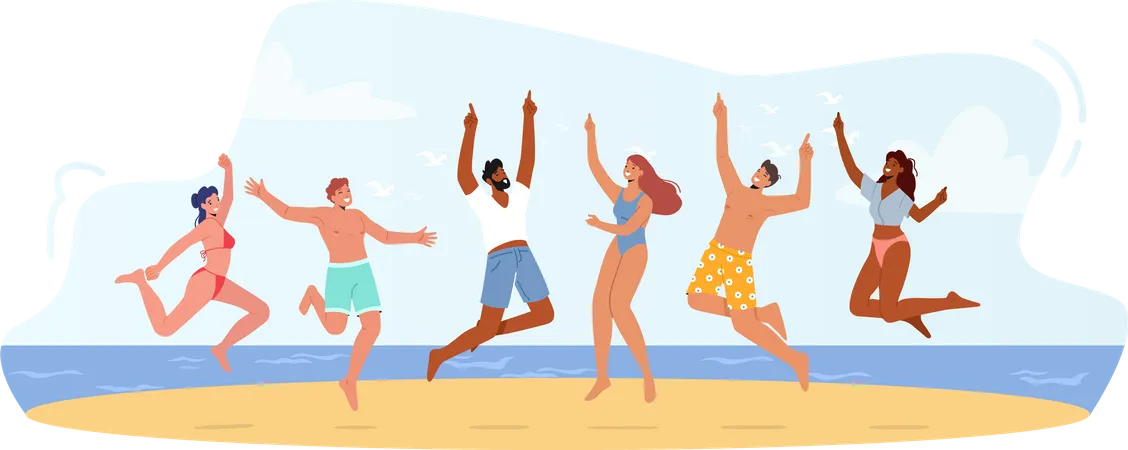 Group of Happy Young People celebrate beach party  Illustration