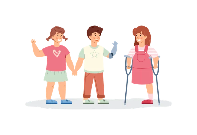 Group Of Healthy And Handicapped Kids  Illustration