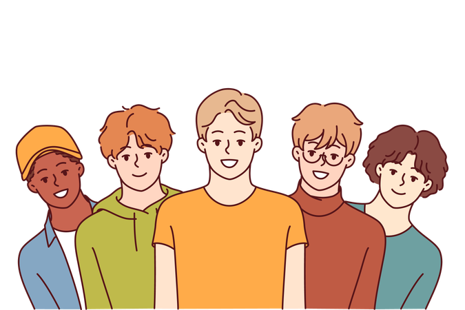 Group of high school guys smile and look at screen for concept of multi-ethnic society  イラスト