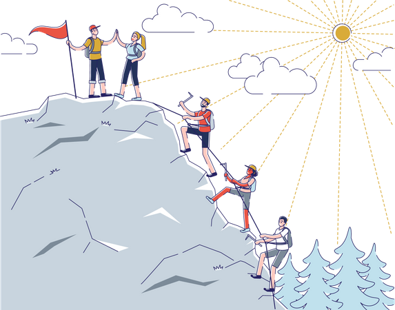 Group of hikers climbing a mountain  Illustration