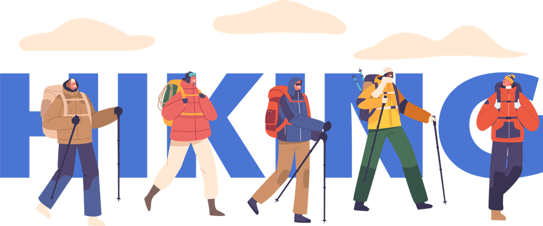 Group Of Hikers With Rucksacks And Gripping Trekking Poles  Illustration