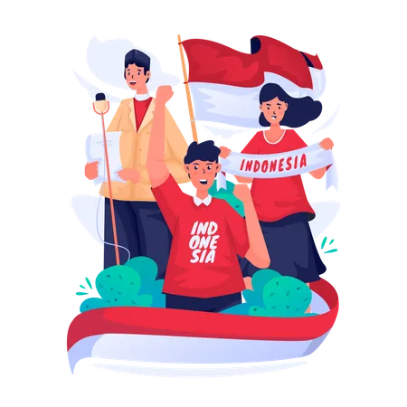 Flat Illustration Of Group Indonesian Youth For Independence Day Celebration Illustration