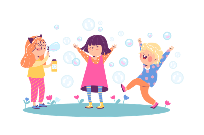Group of joyful children blowing soap bubbles  Illustration