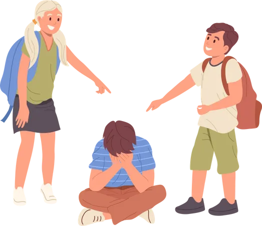 Group Of Little Students Bullying Suppressing And Taunting Child Classmate Sitting On Floor Vector Illustration Concept Of Negative Pupils Communication Problem At School Between Children Illustration