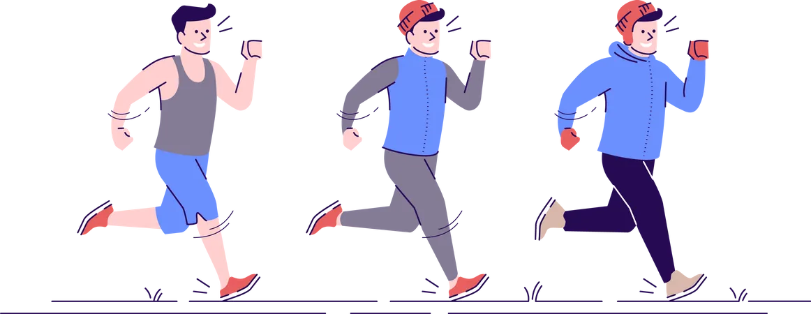 Jogging Caucasian Man Flat Vector Illustration Sports Training In Any Weather Jogging Boy In Different Seasonal Sportswear Isolated Cartoon Characters With Outline Elements On White Background Illustration