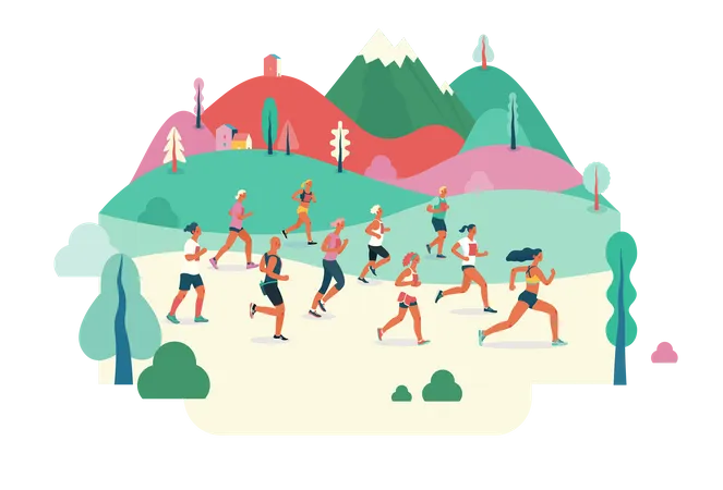 Group of Marathon runners running in field Illustration