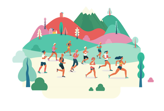 Group of Marathon runners running in field  Illustration