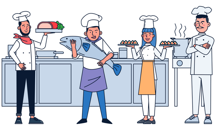 Group of masterchef cooking together  Illustration