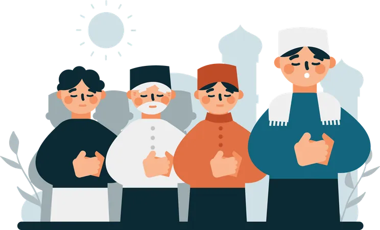 The Illustration Of A Group Of Men Praying Together Evokes Feelings Of Joy Togetherness And Cultural Richness And Is An Attractive Visual Representation To Promote Eid Al Adha Celebrations Events And Products Illustration
