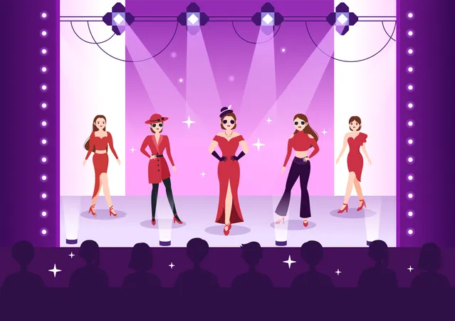 Group of models on fashion show stage Illustration