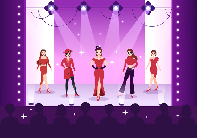 Group of models on fashion show stage  Illustration