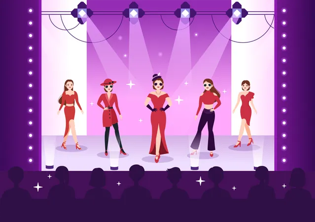 Group of models on fashion show stage  Illustration