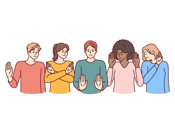 Group of multiethnic people show stop gestures not wanting to accept discrimination  イラスト