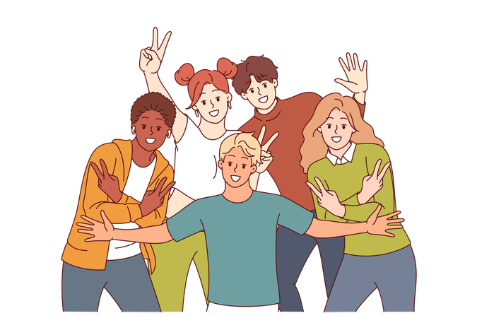 Group of multiracial students pose for group photo showing positive emotions  Illustration