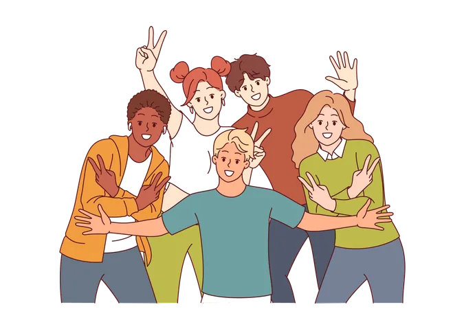 Group of multiracial students pose for group photo showing positive emotions  Illustration