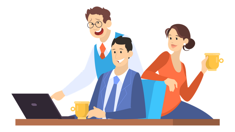 Group of office worker sitting at the desk and looking at the laptop  Illustration