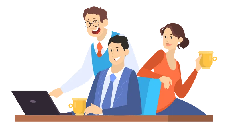 Group Of Office Worker Sitting At The Desk And Looking At The Laptop Computer Female And Male Character On Discussion Isolated Vector Illustration In Cartoon Style Illustration