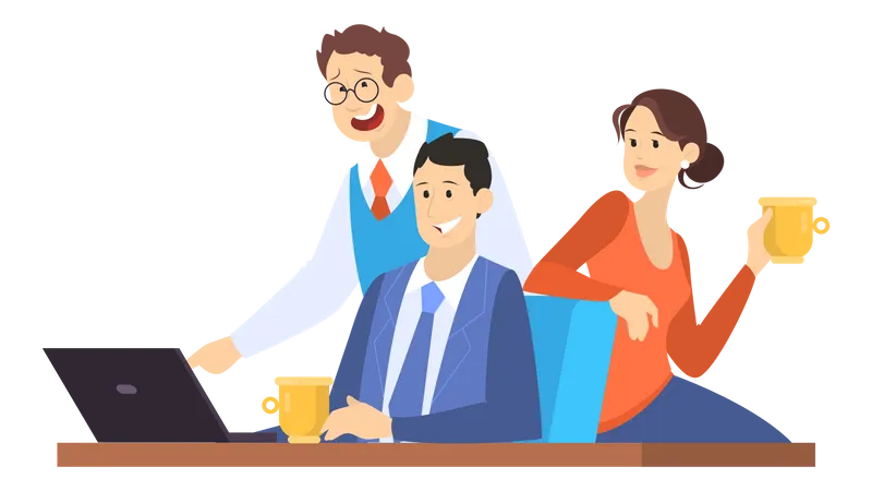 Group of office worker sitting at the desk and looking at the laptop  Illustration