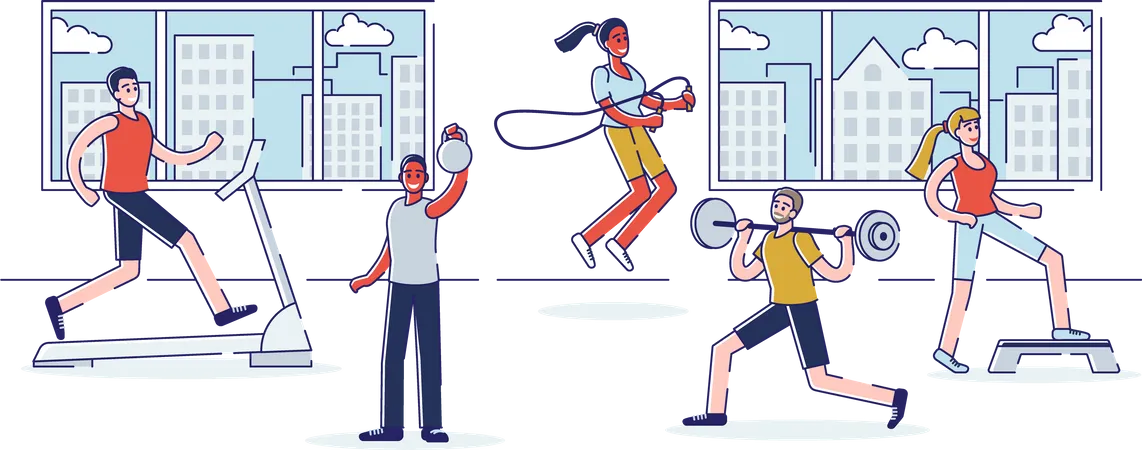 Group Of People Are Training In The Gym Illustration