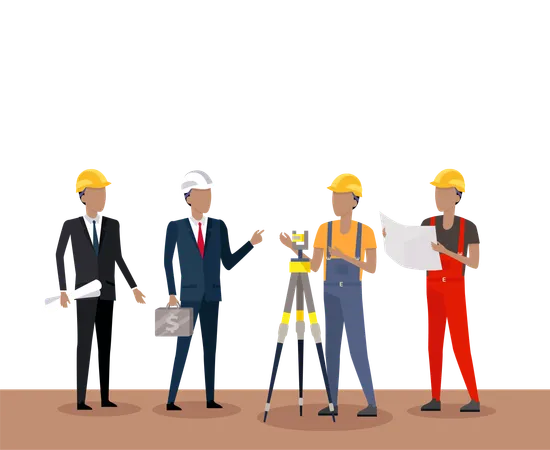 Building Banner Concept Design Group Of People At The Construction Site Architect And Investor Engineer And Working Man Business Construction Management Poster Web Flat Style Vector Illustration Illustration