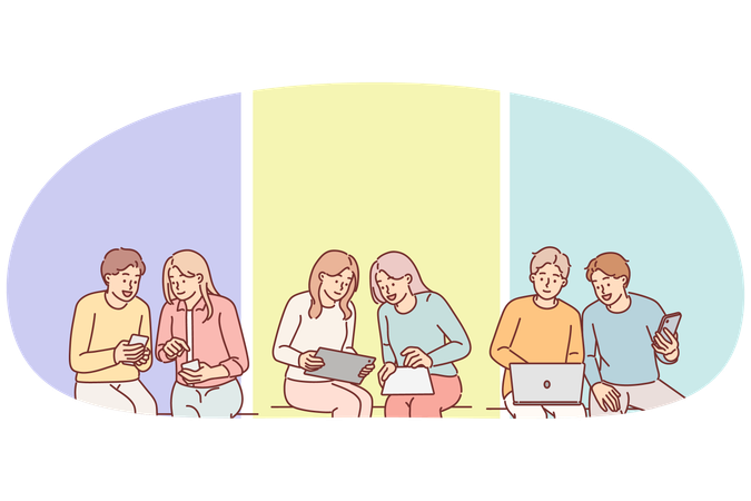 Group of people do teamwork and use laptop and phone or digital tablet to complete office tasks  Illustration