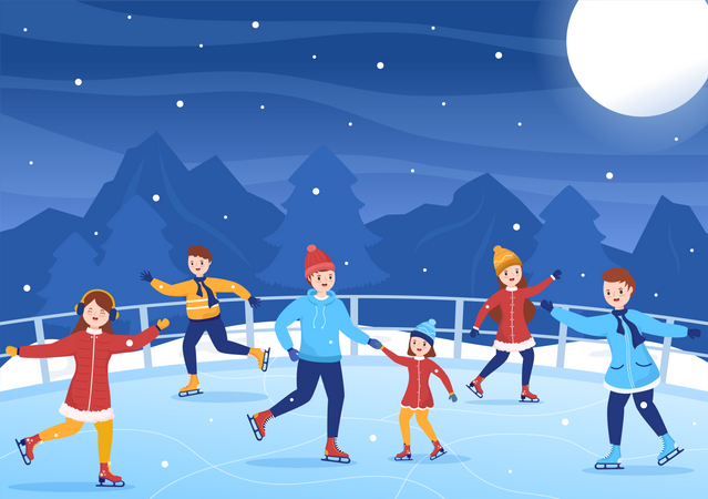 Group of people doing ice skating at frozen lake Illustration