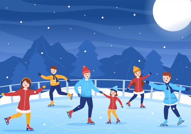 Group of people doing ice skating at frozen lake  Illustration