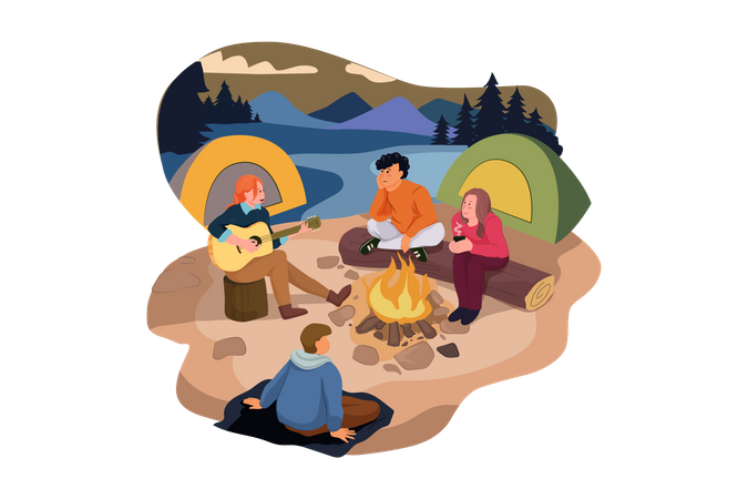 Group of people enjoying camping  Illustration