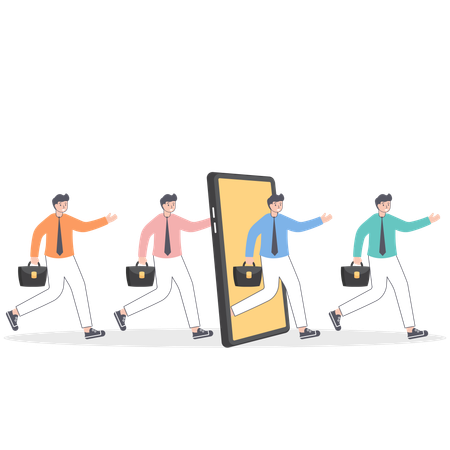 Group of people holding hands and walking out of giant smartphone  Illustration