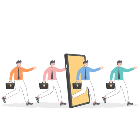 Group of people holding hands and walking out of giant smartphone  Illustration