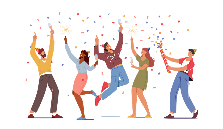 Group Of People Holding Wine Glasses With Beverages And Sparklers Celebrating Holiday  Illustration