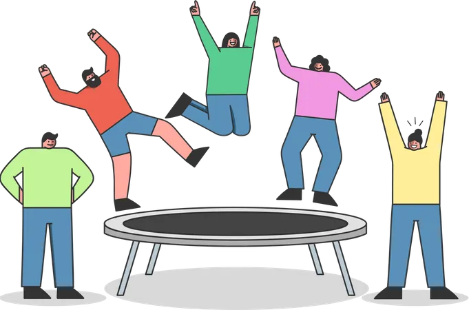 Group Of People Jumping On Trampoline Young Cartoon Characters Having Fun On Garden Trampoline Over White Background Young Adults Enjoying High Jump Flat Vector Illustration Illustration