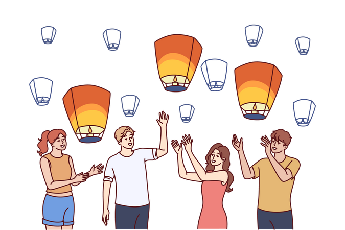 Group of people launch aerial chinese lanterns making cherished wishes during traditional festival  Illustration