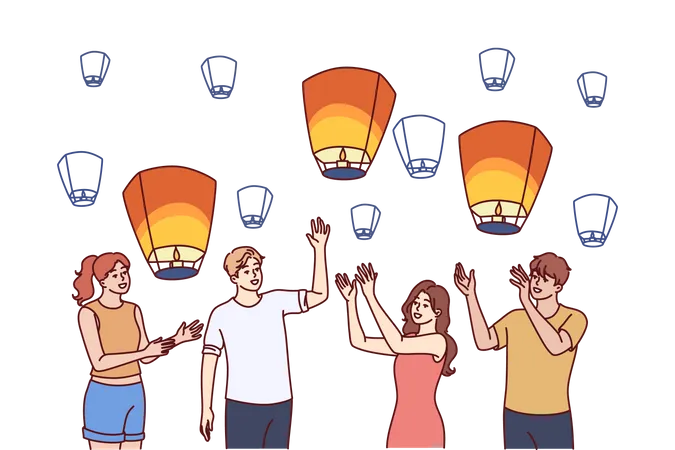 Group of people launch aerial chinese lanterns making cherished wishes during traditional festival  イラスト