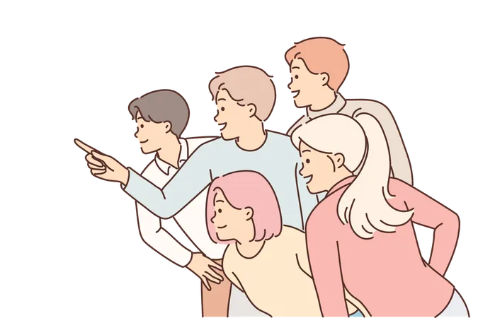 Group of people point finger to side and look at something amazing and eye-catching with smile  Illustration