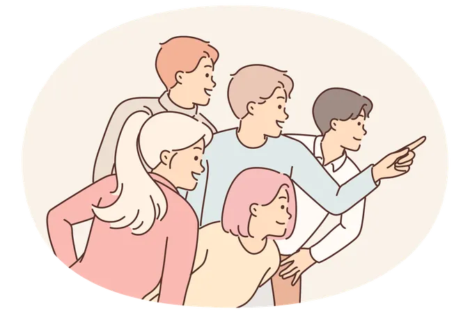 Group of people point finger to side and look at something amazing and eye-catching with smile  Illustration
