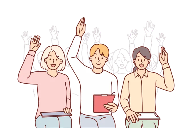 Group Of People Raise Hands Sitting In Conference Room And Participating In Business Training From Well Known Guru Men And Women Raise Hands With Smile To Vote For Joint Decision Illustration