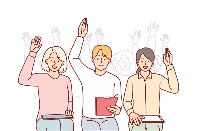 Group of people raise hands sitting in conference room  Illustration