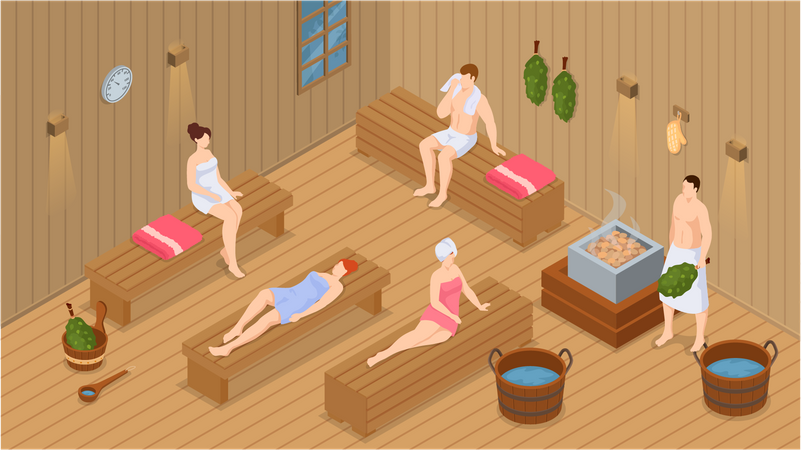Group of people relaxing in steam room Illustration