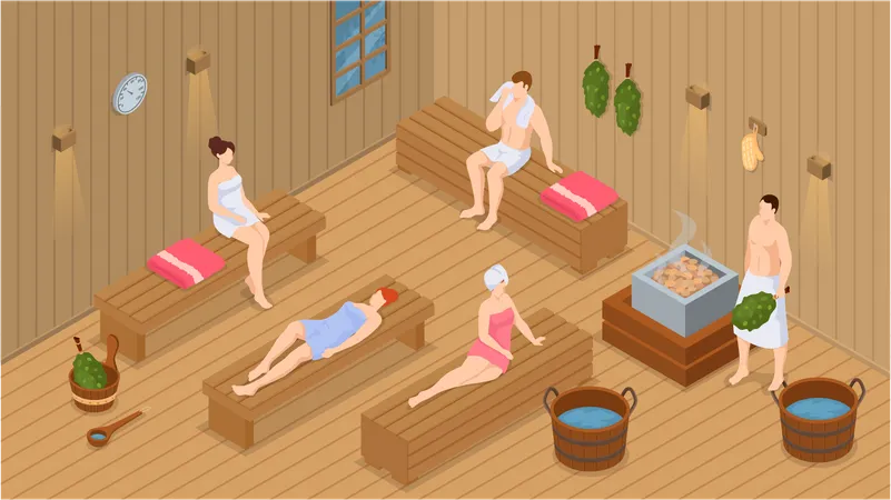 Sauna And Steam Room Set Of People In Sauna People Relax And Steam With Birch Brooms In Traditional Russian Stove For Female And Male Finnish Bathhouse Public Sauna Friends In Spa Resort イラスト