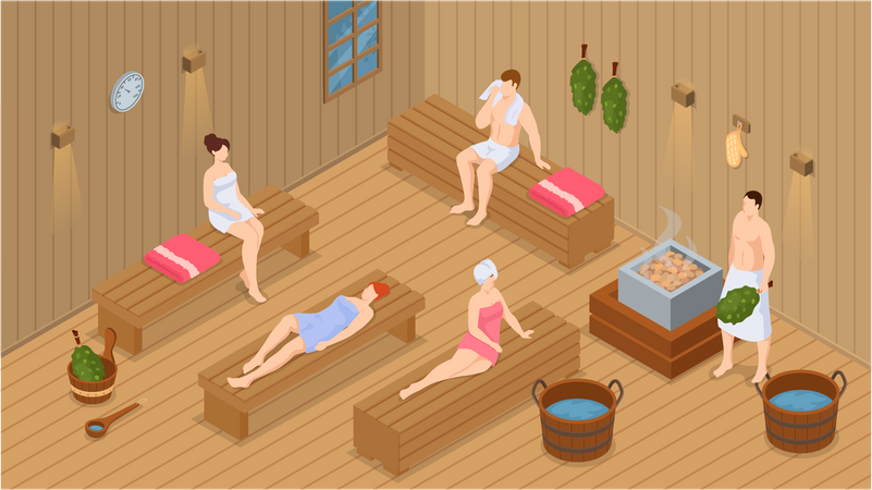 Group of people relaxing in steam room  Illustration